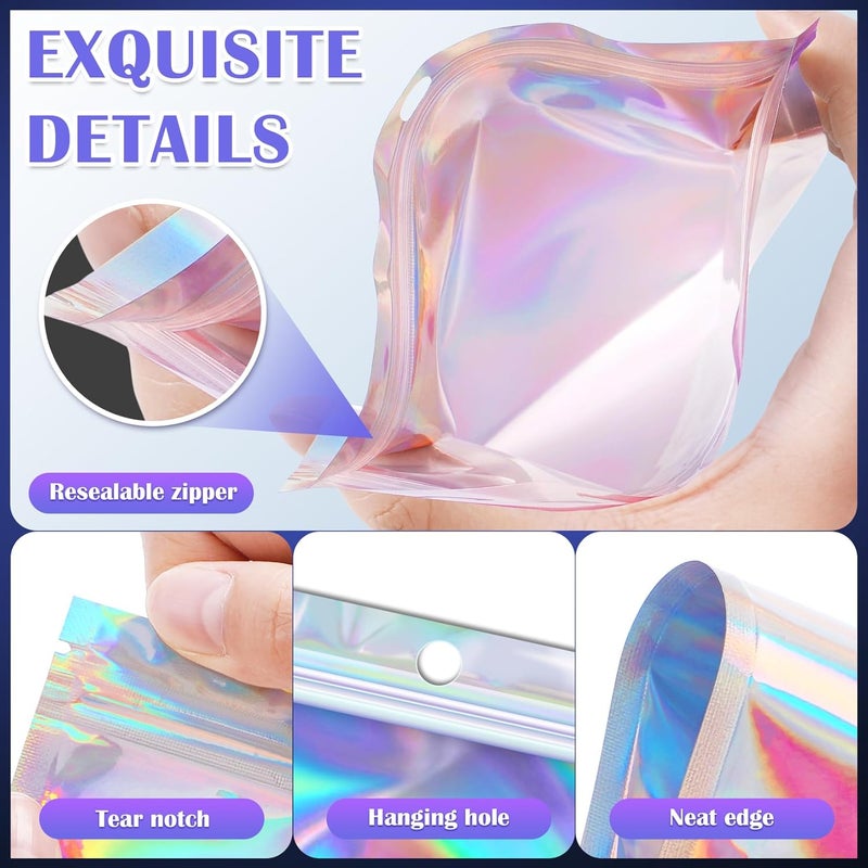 Jetmore 100 Pcs Resealable Mylar Bags, Smell Proof Goodie Bags with Clear Window, Small Holographic Bags for Halloween, Gift, Candy, Bracelet, Keychain, Treat, Product, Sealable Plastic Bags - Image 5